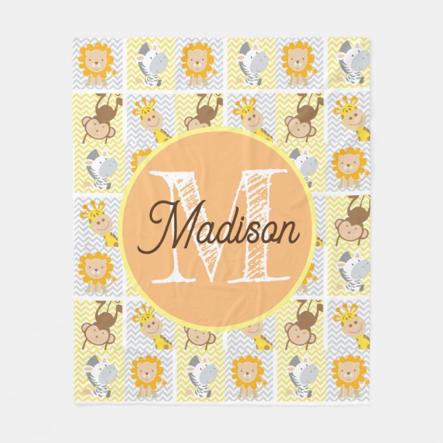 Monogrammed personalised zoo animal fleece blanket (Front)