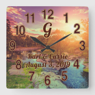 Monogrammed Personalized Clock, Rustic Wedding Square Wall Clock