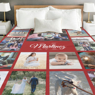 Monogrammed Photo Collage Elegant Red and White Fleece Blanket