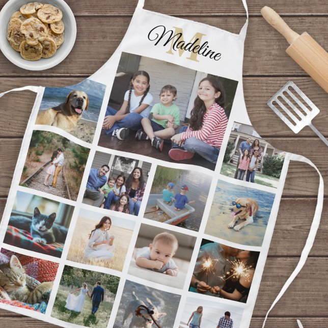 Monogrammed Photo Collage Grid Pattern Gold White Apron (Creator Uploaded)