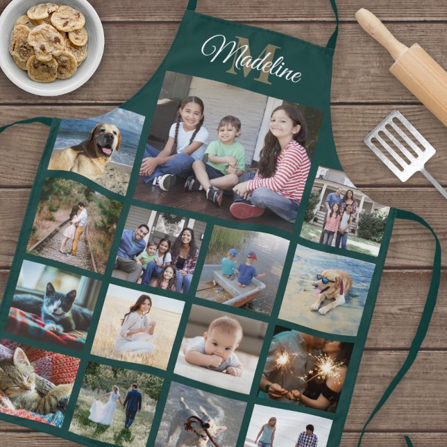 Monogrammed Photo Collage Grid Pattern Green Gold Apron (Creator Uploaded)