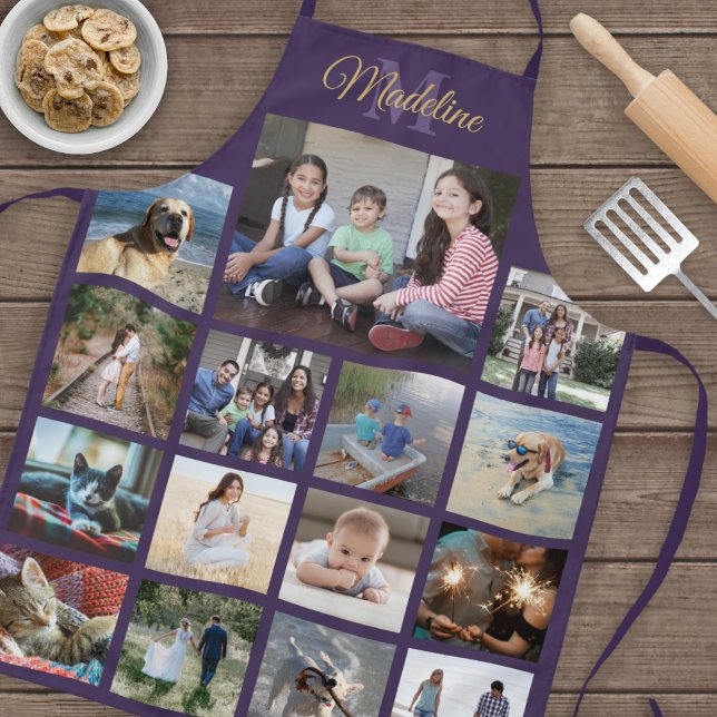 Monogrammed Photo Collage Grid Pattern Purple Gold Apron (Creator Uploaded)