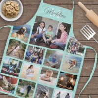 Monogrammed Photo Collage Grid Pattern Teal Blue