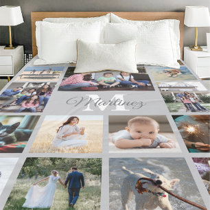 Monogrammed Photo Collage Modern Grey and White Fleece Blanket