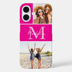 Monogrammed Photo Collage Pink iPhone 16 Case