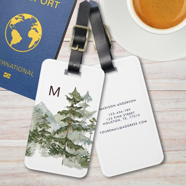 Monogrammed Pine Forest and Mountain Luggage Tag (In situ)