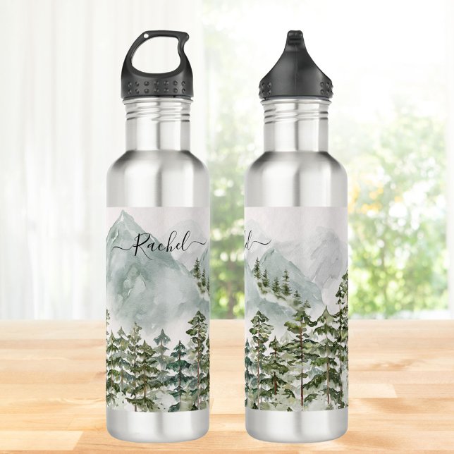 Monogrammed Pine Forest and Mountains 710 Ml Water Bottle (Close up)