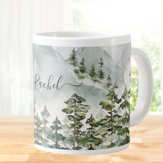 Monogrammed Pine Forest and Mountains Large Coffee Mug (Close up)