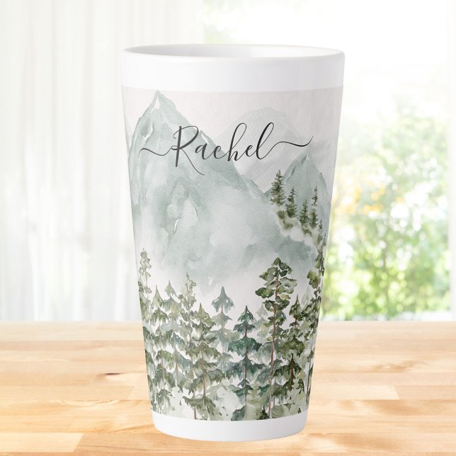 Monogrammed Pine Forest and Mountains Latte Mug (In situ)