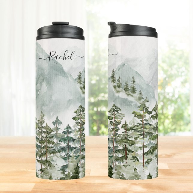 Monogrammed Pine Forest and Mountains Thermal Tumbler (Close up)