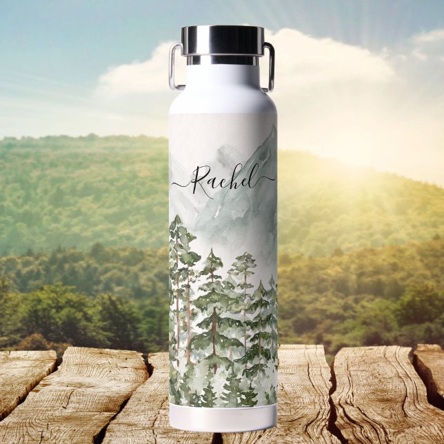 Monogrammed Pine Forest and Mountains Water Bottle (Creator Uploaded)
