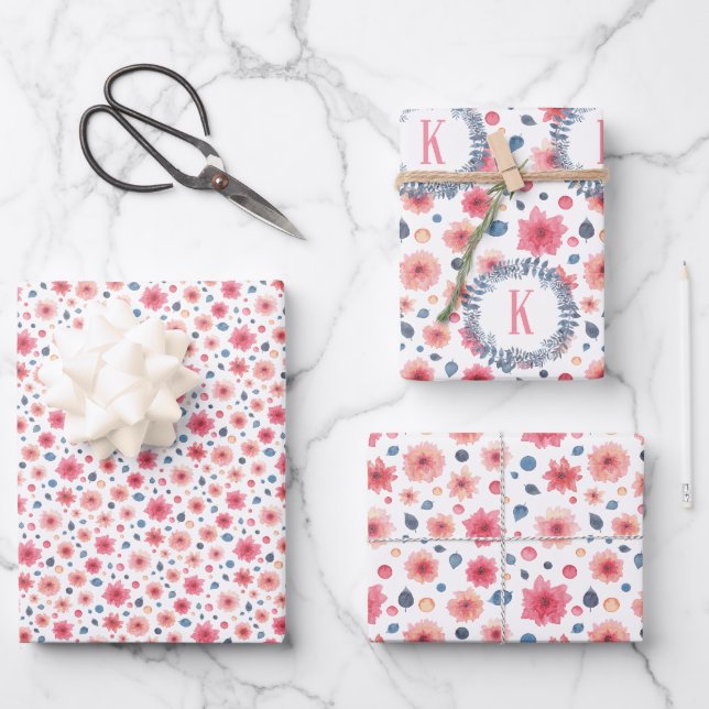 Monogrammed Pink and Blue Floral Wrapping Paper Sheet (Front)