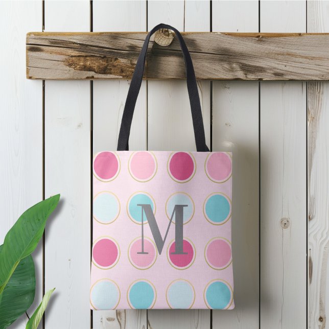 Monogrammed Pink and Blue Polka Dot Tote Bag (Creator Uploaded)