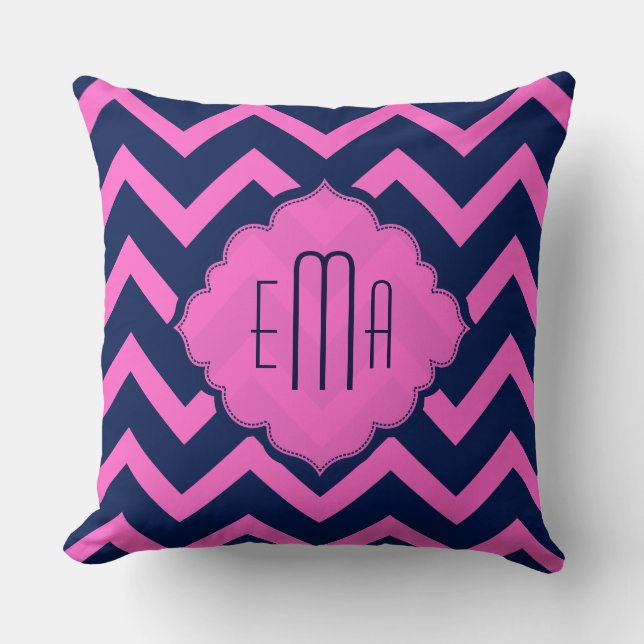 Monogrammed Pink And Blue Zigzag Chevron Cushion (Front)