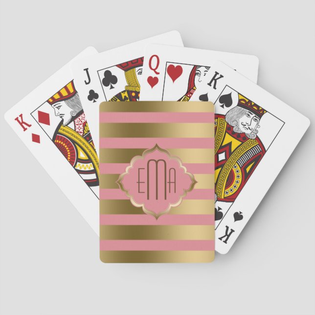 Monogrammed Pink And Gold Geometric Stripes Playing Cards (Back)
