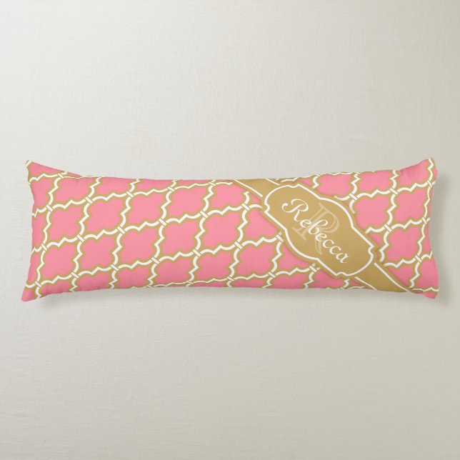 Monogrammed Pink and Gold Lattice Pattern Body Cushion (Front)