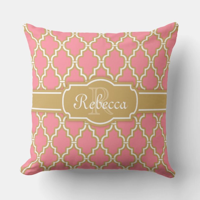 Monogrammed Pink and Gold Lattice Pattern Cushion (Front)