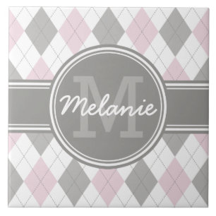 Monogrammed Pink and Grey Argyle Pattern Ceramic Tile