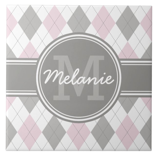 Monogrammed Pink and Grey Argyle Pattern Ceramic Tile (Front)