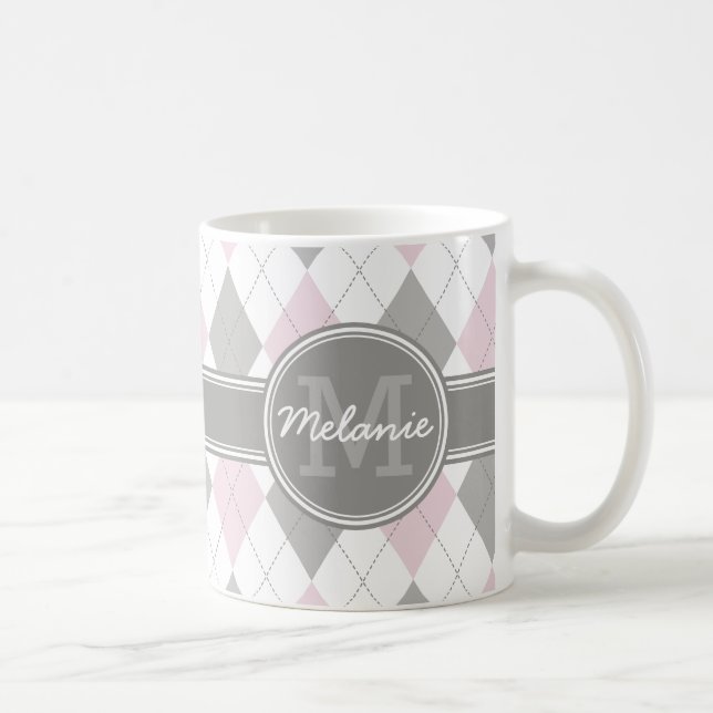 Monogrammed Pink and Grey Argyle Pattern Coffee Mug (Right)