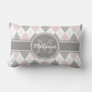 Monogrammed Pink and Grey Argyle Pattern Lumbar Cushion