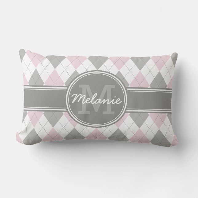 Monogrammed Pink and Grey Argyle Pattern Lumbar Cushion (Front)