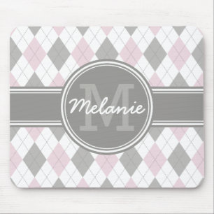Monogrammed Pink and Grey Argyle Pattern Mouse Pad