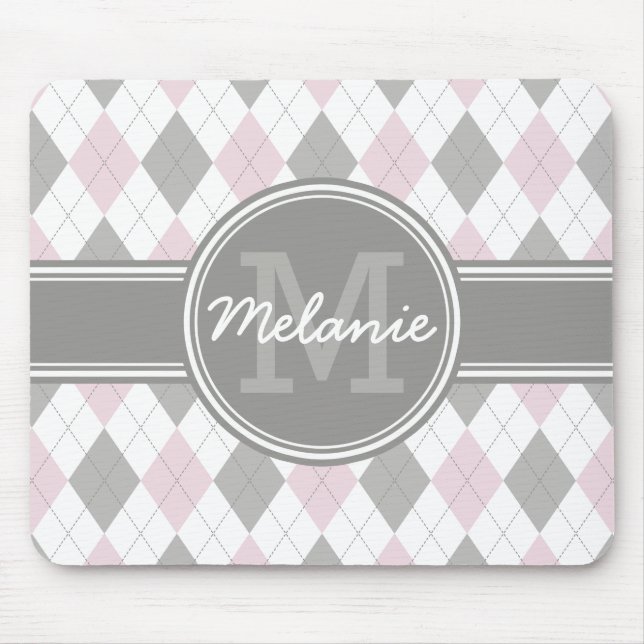 Monogrammed Pink and Grey Argyle Pattern Mouse Pad (Front)