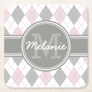 Monogrammed Pink and Grey Argyle Pattern Square Paper Coaster