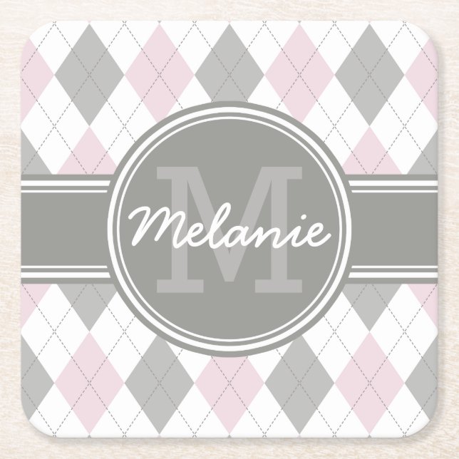 Monogrammed Pink and Grey Argyle Pattern Square Paper Coaster (Front)