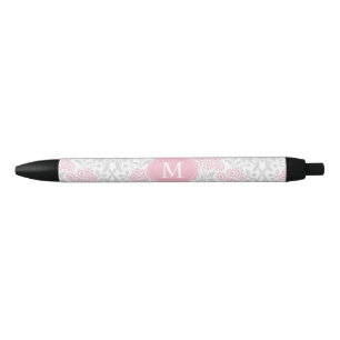 Monogrammed Pink and Grey Floral Damask Black Ink Pen