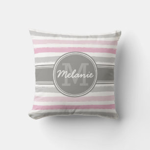 Monogrammed Pink and Grey Paint Stripes Pattern Cushion