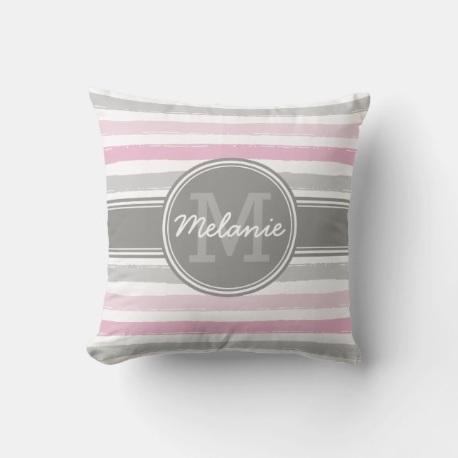 Monogrammed Pink and Grey Paint Stripes Pattern Cushion (Front)