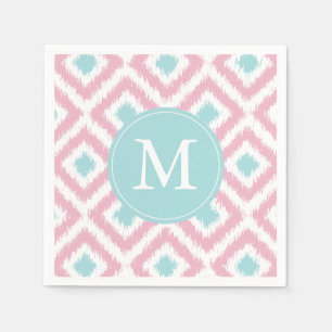 Monogrammed Pink and Mint Ikat Diamonds Pattern Napkin