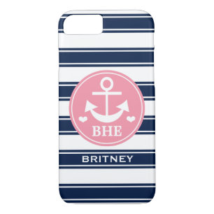 Monogrammed Pink and Navy Anchor iPhone 8/7 Case
