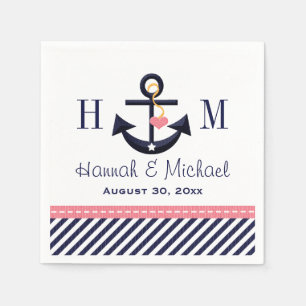 Monogrammed Pink and Navy Anchor Nautical Wedding Napkin