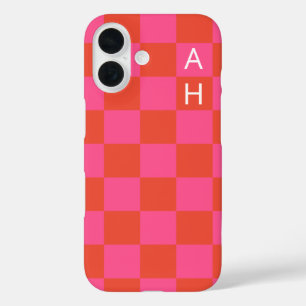 Monogrammed Pink and Orange Chequerboard Pattern  iPhone 16 Case