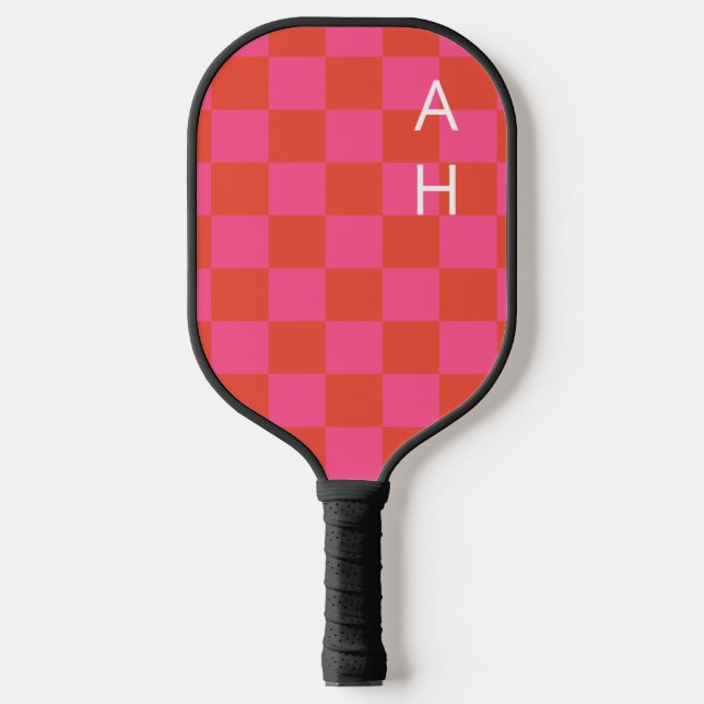 Monogrammed Pink and Orange Chequerboard Pattern  Pickleball Paddle (Front)