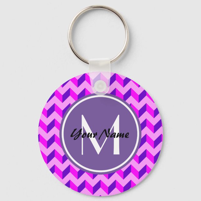 Monogrammed Pink and Purple Chevron Patchwork Key Ring (Front)