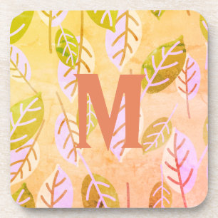 Monogrammed Pink and Sage Abstract Leafs  Coaster