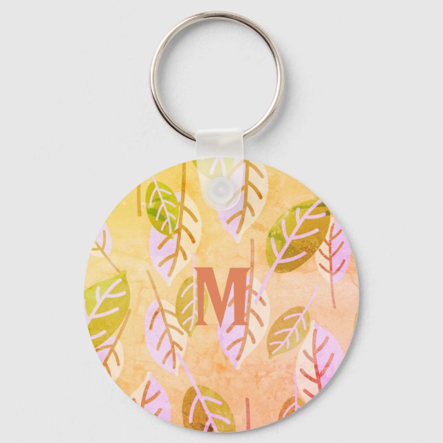 Monogrammed Pink and Sage Abstract Leafs Key Ring (Front)
