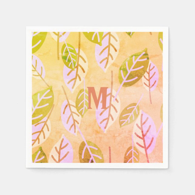Monogrammed Pink and Sage Abstract Leafs Napkin (Front)