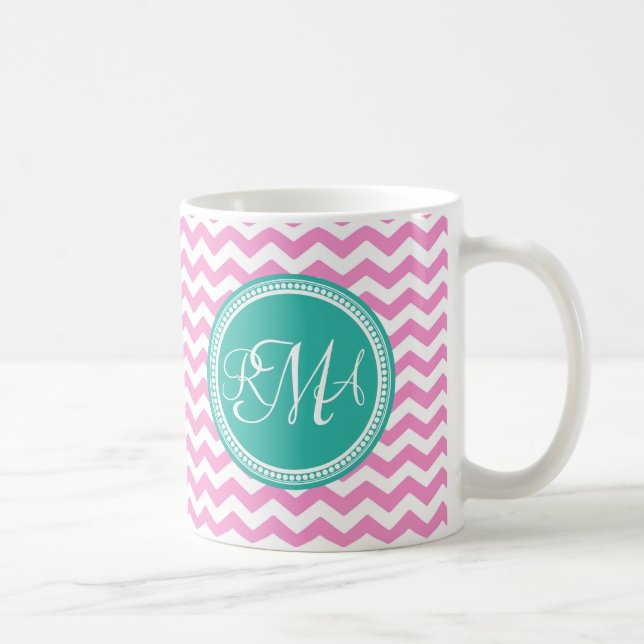 Monogrammed Pink and Teal Chevron Custom Coffee Mug (Right)