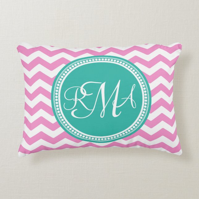 Monogrammed Pink and Teal Chevron Custom Decorative Cushion (Front)