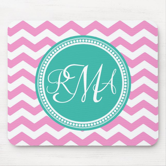 Monogrammed Pink and Teal Chevron Custom Mouse Pad (Front)