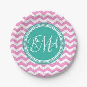 Monogrammed Pink and Teal Chevron Custom Paper Plate