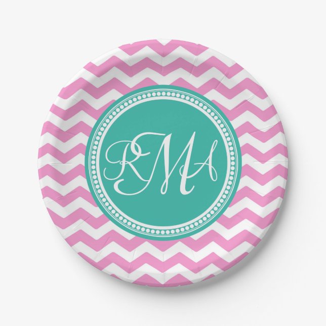 Monogrammed Pink and Teal Chevron Custom Paper Plate (Front)