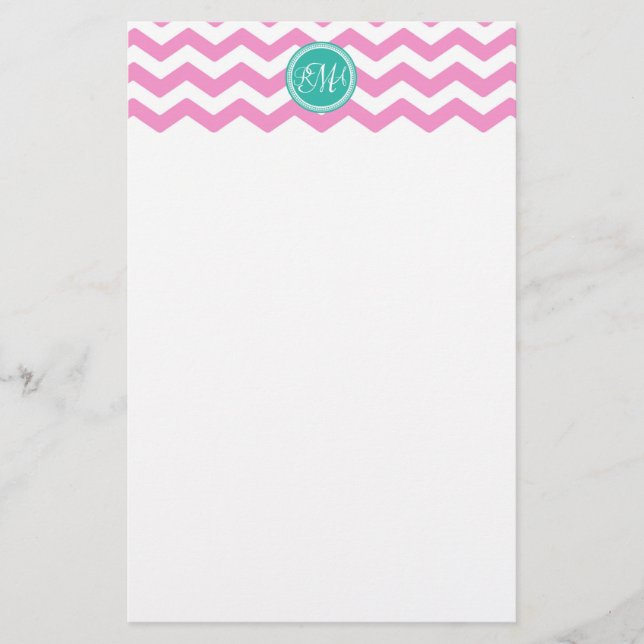 Monogrammed Pink and Teal Chevron Custom Stationery (Front)