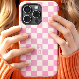 Monogrammed Pink And White Chequerboard Pattern iPhone 15 Case