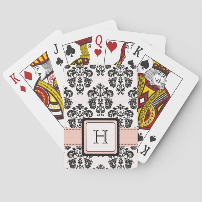 Monogrammed Pink Black Damask Bicycle® Playing Car Cards (Back)